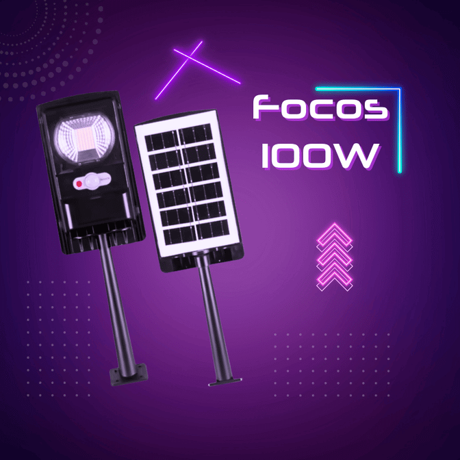 Foco solar de 100W con diseño moderno y eficiente, ideal para iluminar espacios exteriores como patios, jardines y pasillos. Proporciona 1000 lúmenes de luz continua durante 12 horas sin necesidad de sensores. Fabricado con materiales resistentes al clima, asegurando durabilidad y rendimiento óptimo en condiciones tropicales. Perfecto para propietarios de viviendas y apartamentos en Puerto Rico que buscan soluciones de iluminación sostenibles y de bajo mantenimiento.